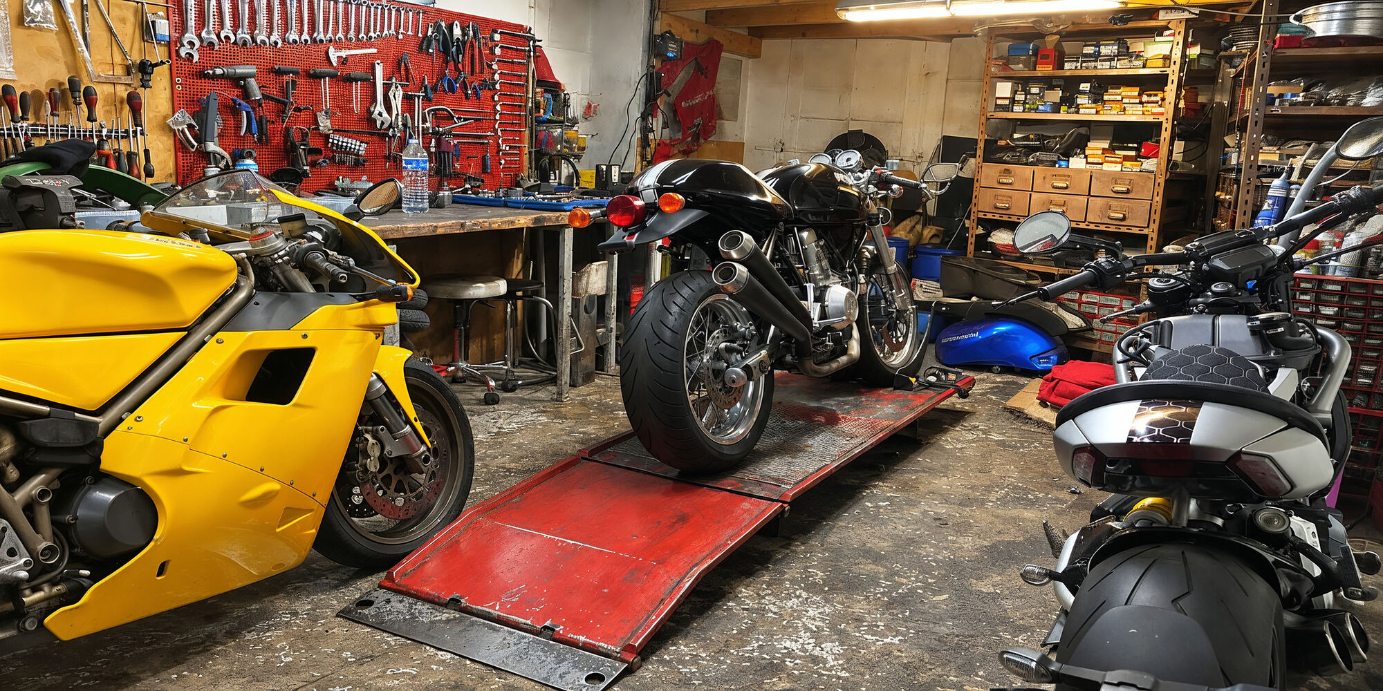 Motos en cours d'entretien sur le pont de l'atelier Chris Moto